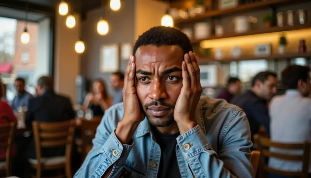 Man feeling isolated in a social setting, illustrating how male loneliness often occurs even around others.