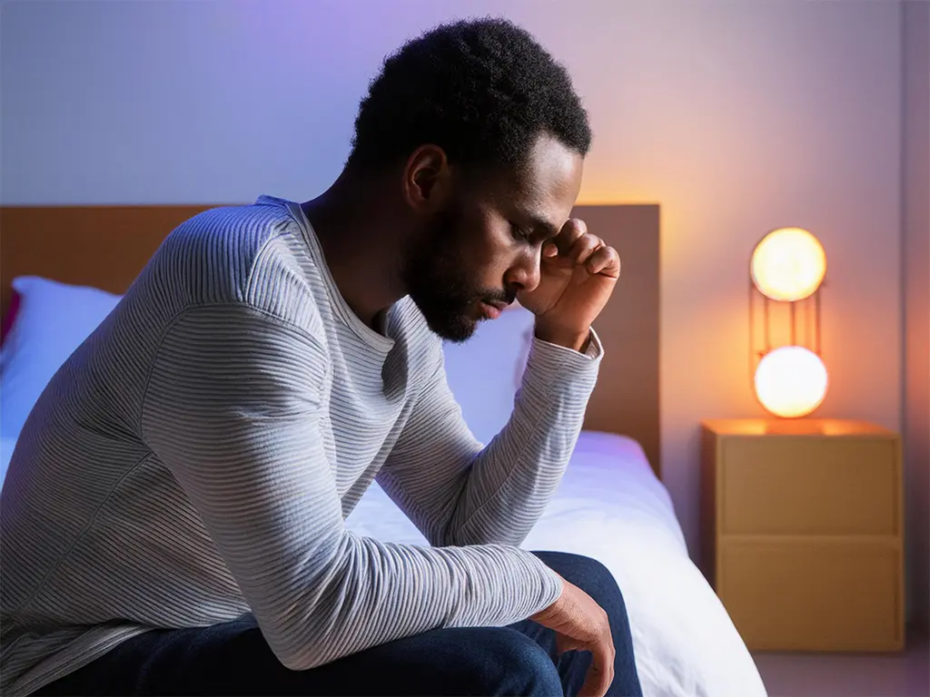 Person awake at night experiencing distress and intrusive thoughts associated with post-traumatic stress disorder.