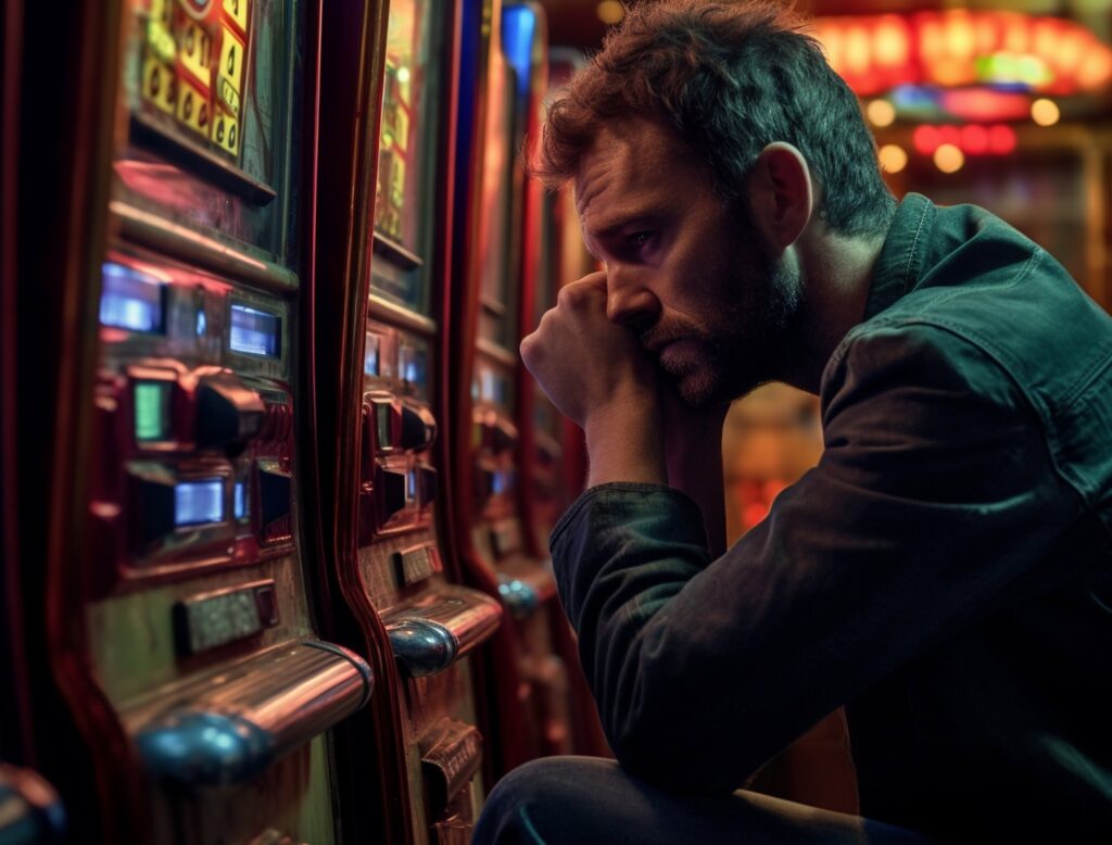 Man looking sad and stressed out sitting at a slot machine in a casino