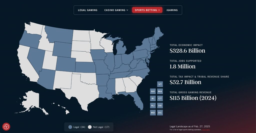 Map of United States showing which states sports betting is legal in or not